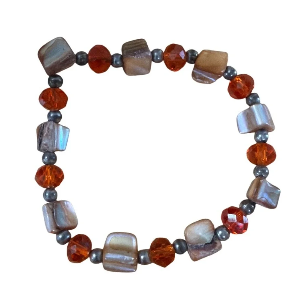 Boho Mother of‎ Pearl Amber Glass Beaded Stretch Bracelet Earthy Brown Orange